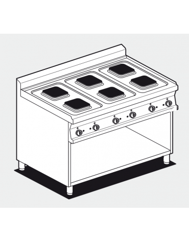 Piano di cottura in acciaio inox CrNi 18/10 AISI 304 trifase-15,6kw, 6 piastre quadre su mobile a giorno - cm 120x70,5x90h