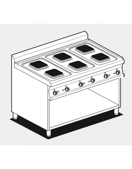 Piano di cottura in acciaio inox CrNi 18/10 AISI 304 trifase-15,6kw, 6 piastre quadre su mobile a giorno - cm 120x70,5x90h