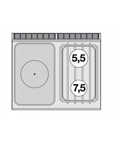 Cucina tuttopiastra a gas in acciaio inox CrNi 18/10 AISI 304, 2 fuochi 1 piastra cm 37x57, su mobile a giorno - cm 80x70,5x90h