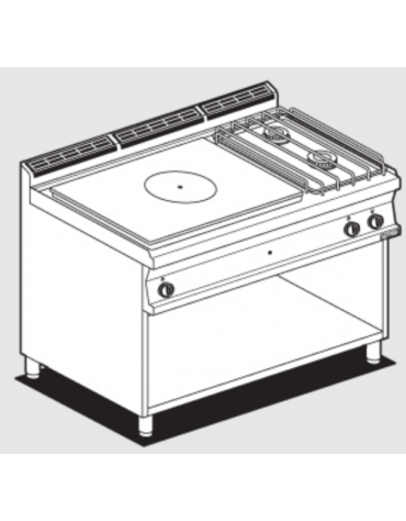 Cucina tuttopiastra a gas in acciaio inox CrNi 18/10 AISI 304, 2 fuochi 1 piastra cm 77x57, su mobile a giorno - cm 120x70,5x90h