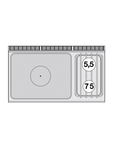 Cucina tuttopiastra a gas in acciaio inox CrNi 18/10 AISI 304, 2 fuochi 1 piastra cm 77x57, su mobile a giorno - cm 120x70,5x90h