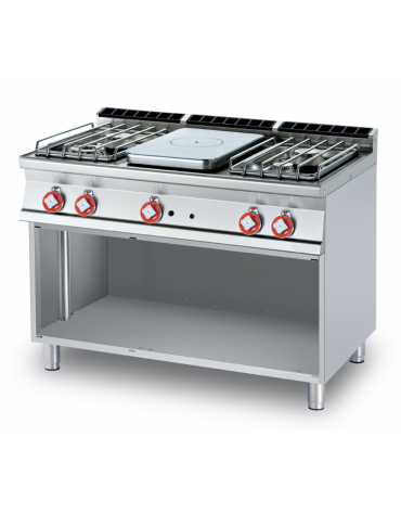 Cucina tuttopiastra a gas in acciaio inox CrNi 18/10 AISI 304, 4 fuochi 1 piastra cm 37x57, su mobile a giorno - cm 120x70,5x90h