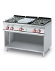 Cucina tuttopiastra a gas in acciaio inox CrNi 18/10 AISI 304, 4 fuochi 1 piastra cm 37x57, su mobile a giorno - cm 120x70,5x90h