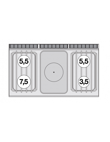 Cucina tuttopiastra a gas in acciaio inox CrNi 18/10 AISI 304, 4 fuochi 1 piastra cm 37x57, su mobile a giorno - cm 120x70,5x90h