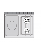 Cucina a gas 2 fuochi, 1 piastra cm 37x57, forno a gas statico, camera 67x55x34h - cm 80x70,5x90h