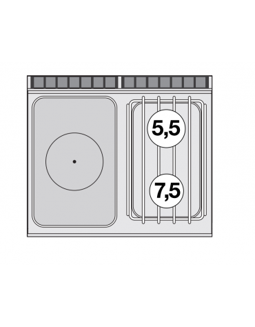 Cucina a gas 2 fuochi, 1 piastra cm 37x57, forno a elettrico ventilato, camera 55x36x34h - cm 80x70,5x90h