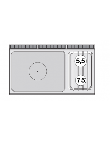 Cucina a gas 2 fuochi, 1 piastra cm 77x57, forno a gas statico, camera 67x55x34h, 1 vano neutro con porta - cm 120x70,5x90h