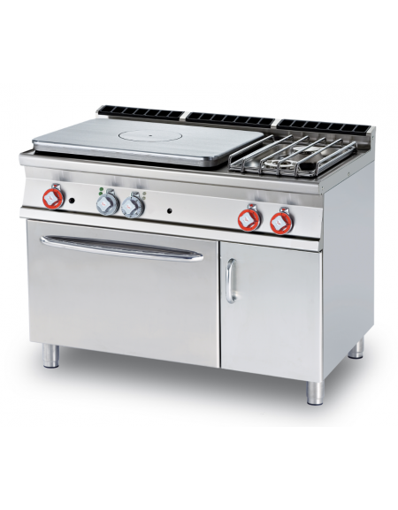 Cucina a gas 2 fuochi, 1 piastra cm 77x57, forno a elett. statico, camera 67x55x34h, 1 vano neutro con porta - cm 120x70,5x90h