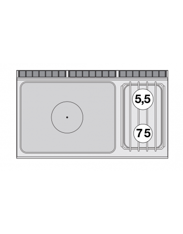 Cucina a gas 2 fuochi, 1 piastra cm 77x57, forno a gas statico, camera 107x55x34h - cm 120x70,5x90h