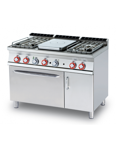 Cucina a gas 4 fuochi, 1 piastra cm 37x57, forno a gas statico, camera 67x55x34h, 1 vano neutro con porta - cm 120x70,5x90h