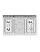 Cucina a gas 4 fuochi, 1 piastra cm 37x57, forno a gas statico, camera 67x55x34h, 1 vano neutro con porta - cm 120x70,5x90h