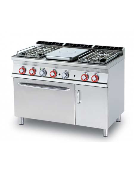 Cucina a gas 4 fuochi, 1 piastra cm 37x57, forno elettr. ventilato, camera 55x36x34h, 1 vano neutro con porta - cm 120x70,5x90h