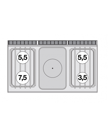 Cucina a gas 4 fuochi, 1 piastra cm 37x57, forno a gas statico, camera 107x55x34h, - cm 120x70,5x90h