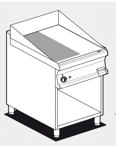 Fry top elettrico trifase-7,4kw su mobile a giorno, piastra 1/2 liscia - 1/2 rigata cromata cm 56x51 - dim. 60x70,5x90h