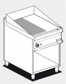 Fry top a gas su mobile a giorno10,5 kw, piastra 1/2 liscia - 1/2 rigata - piastra cm 56x51  - dim. 60x70,5x90h