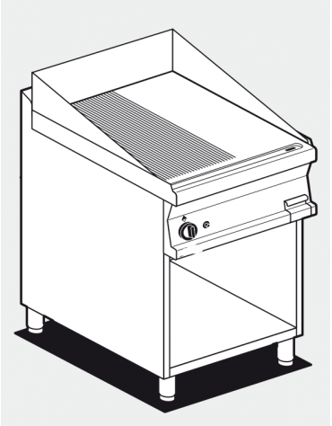 Fry top a gas su mobile a giorno10,5 kw, piastra 1/2 liscia - 1/2 rigata - piastra cm 56x51  - dim. 60x70,5x90h