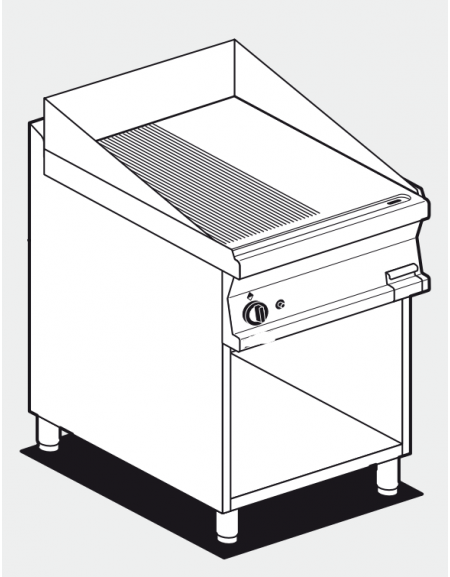 Fry top a gas su mobile a giorno10,5 kw, piastra 1/2 liscia - 1/2 rigata cromata, piastra cm 56x51  - dim. 60x70,5x90h