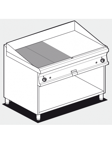 Fry top a gas su mobile a giorno 21kw, piastra 1/2 liscia, 1/2 rigata cromata - piastra cm 116x51  - dim. 120x70,5x90h