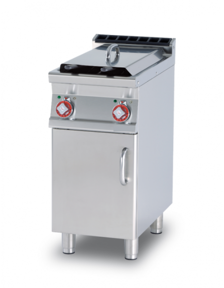 Friggitrice elettrica su mobile, trifase-12kw - 2 vasche cm 14,8x35x32,7h con filtro e coperchio -  8+8Lt.- cm 40x70,5x90h