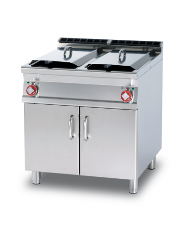 Friggitrice elettrica trifase-23,9kW su mobile - 2 vasche cm 24x35x38h con filtro e coperchio -  13+13Lt. - cm 80x70,5x90h