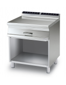 Piano di lavoro inox AISI 304 su mobile a giorno - 1 cassetto, 1 bacinella inox cm 49x50x15h - dim. tot. cm 60x70,5x90h