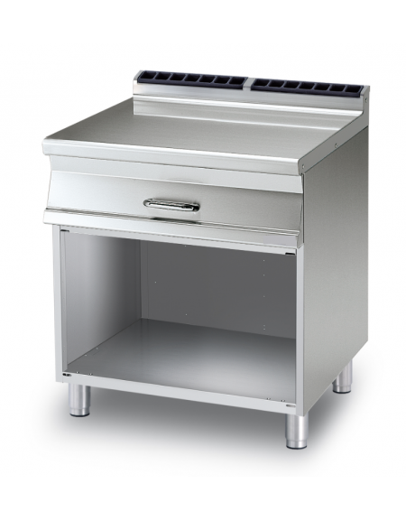 Piano di lavoro inox AISI 304 su mobile a giorno - 1 cassetto, 1 bacinella inox cm 49x50x15h - dim. tot. cm 60x70,5x90h