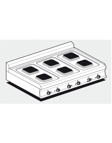 Piano di cottura da banco in acciaio inox CrNi 18/10 AISI 304 trifase-15,6kw, 6 piastre quadre - cm 120x70,5x28h