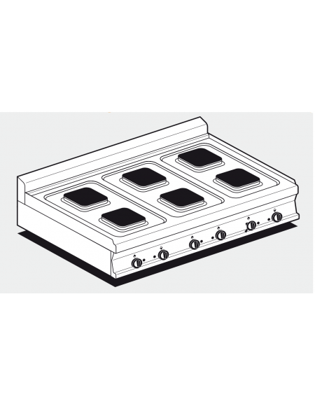 Piano di cottura da banco in acciaio inox CrNi 18/10 AISI 304 trifase-15,6kw, 6 piastre quadre - cm 120x70,5x28h