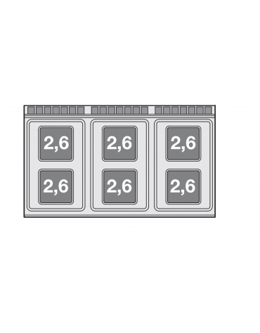 Piano di cottura da banco in acciaio inox CrNi 18/10 AISI 304 trifase-15,6kw, 6 piastre quadre - cm 120x70,5x28h