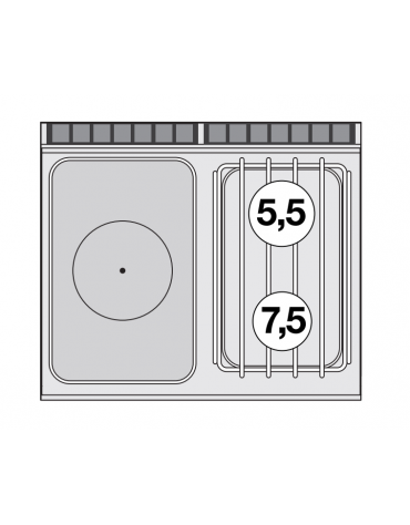 Piano di cottura a gas in acciaio inox CrNi 18/10 AISI 304, 2 fuochi + tuttopiastra cm 37x57 - cm 80x70,5x28h