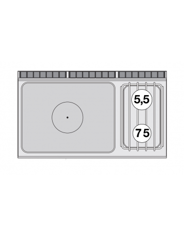 Piano di cottura a gas in acciaio inox CrNi 18/10 AISI 304, 2 fuochi + tuttopiastra cm 77x57 - cm 120x70,5x28h