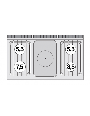 Piano di cottura a gas in acciaio inox CrNi 18/10 AISI 304, 4 fuochi + tuttopiastra cm 37x57 - cm 120x70,5x28h