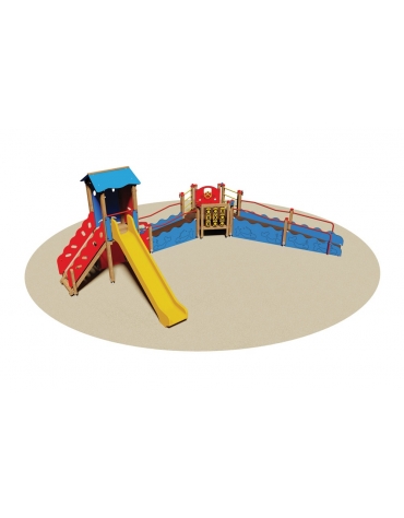 Parco villaggio gioco completo in legno inclusivo con scivolo in polietilene, torretta, rampe inclinate - cm 550x865x315h