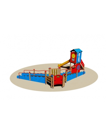 Parco villaggio gioco completo in legno inclusivo con scivolo in polietilene, torretta, rampe inclinate - cm 550x865x315h