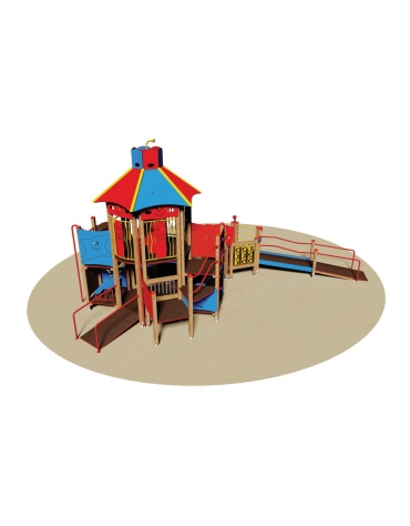 Villaggio gioco inclusivo con torretta esagonale,rampe,scivolo,pannelli e arrampicata - cm 860x675x455h