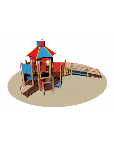 Villaggio gioco inclusivo con torretta esagonale,rampe,scivolo,pannelli e arrampicata - cm 860x675x455h