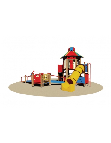 Villaggio gioco inclusivo con torretta esagonale,rampe,scivolo,pannelli e arrampicata - cm 860x675x455h