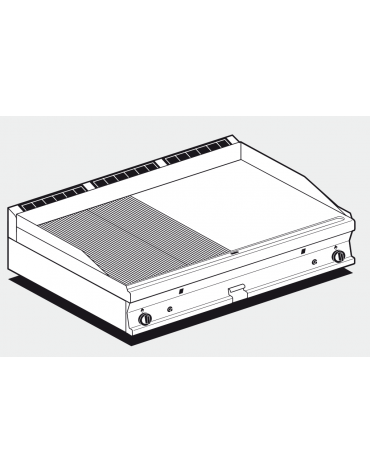 Fry top a gas da banco, 21kw, piastra cromata 1/2 liscia, 1/2 rigata superficie di cottura cm 116x51 - cm 120x70,5x28h