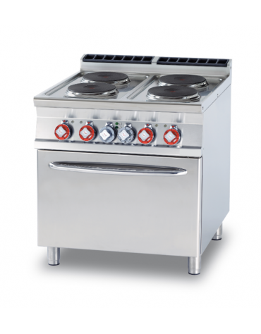 Cucina elettrica trifase-19,32kw, 4 piastre tonde su forno elettrico ventilato, camera cm 55x36x34h - cm 80x 90x 90h