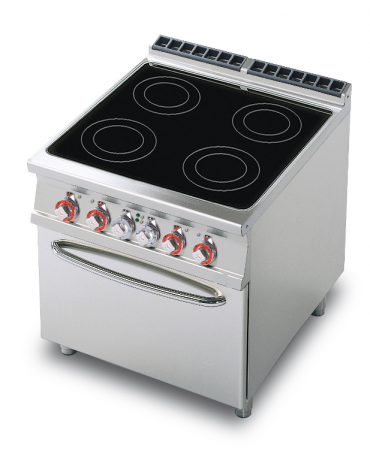 Cucina elettrica trifase-20,3kw, 4 piastre in vetroceramica su forno elettrico statico, camera cm 67x73x34h - cm 80x 90x 90h