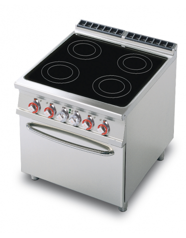 Cucina elettrica trifase-18,92kw, 4 piastre in vetroceramica su forno elettrico ventilato, camera cm 55x36x34h - cm 80x 90x 90h