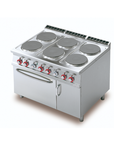 Cucina elettrica 27,7kw, 6 piastre tonde su forno elettrico statico, camera cm 67x73x34h, 1 vano neutro - cm 120x 90x 90h