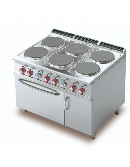 Cucina elettrica 27,7kw, 6 piastre tonde su forno elettrico statico, camera cm 67x73x34h, 1 vano neutro - cm 120x 90x 90h