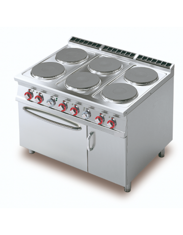 Cucina elettrica 26,32kw, 6 piastre tonde su forno elettrico ventilato, camera cm 55x36x34h, 1 vano neutro - cm 120x 90x 90h